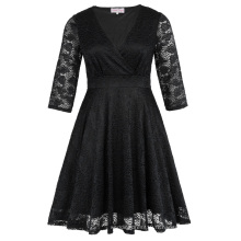 Hanna Nikole Womens Taille plus grande taille à trois coutures V-Neck Black Lace Summer Dress HN0022-1